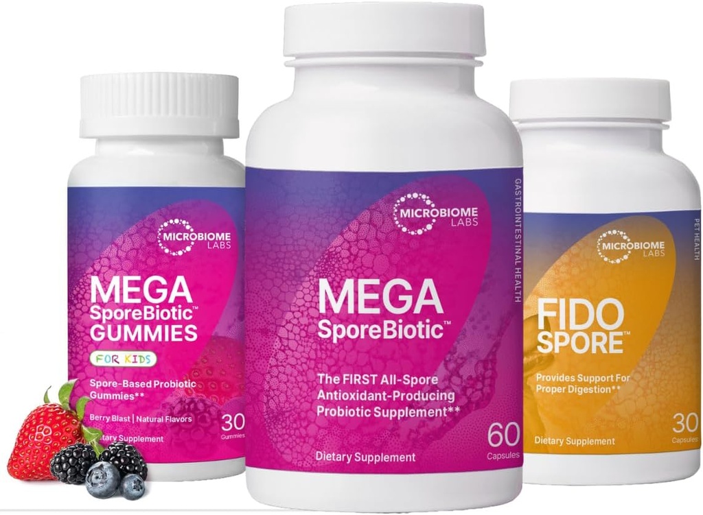 Mikrobiome Labs hele familien Probiotic Bundle - MegaSporeBiotic for voksne, Probiotic Gummies til børn, og FidoSpore Probiotika til hunde og katte