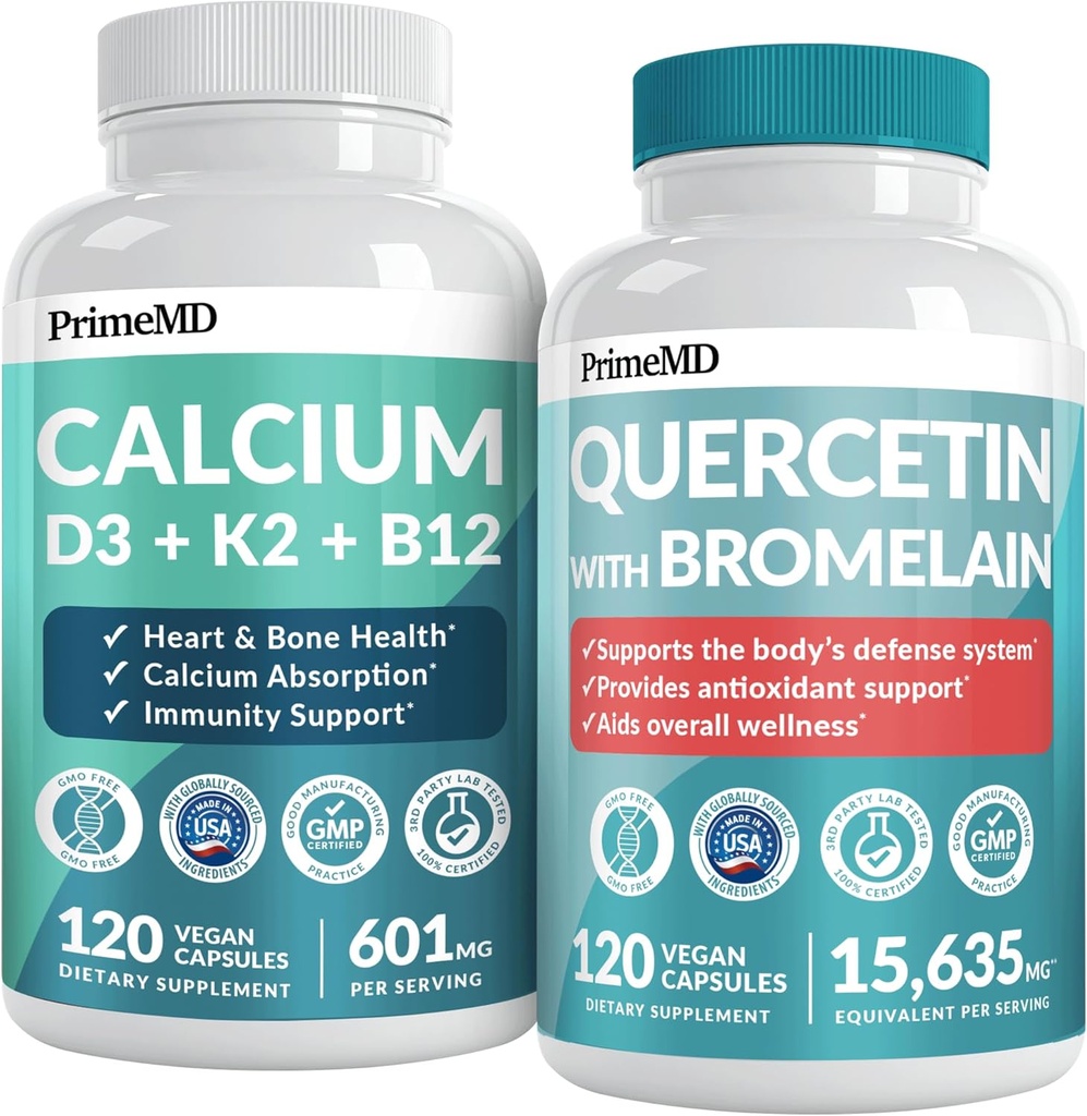 PrimeMD 4- in-1 Calciumtilskud til kvinder og mænd eller hjerte, Knogle- og kropsforsvar (120 ct) & 28- in-1 Quercetin med bromelain Supplement - Quercetin 500mg kapsler til immunforsvar Support (120 ct)
