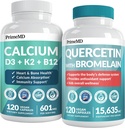 PrimeMD 4- in-1 Calciumtilskud til kvinder og mænd eller hjerte, Knogle- og kropsforsvar (120 ct) & 28- in-1 Quercetin med bromelain Supplement - Quercetin 500mg kapsler til immunforsvar Support (120 ct)