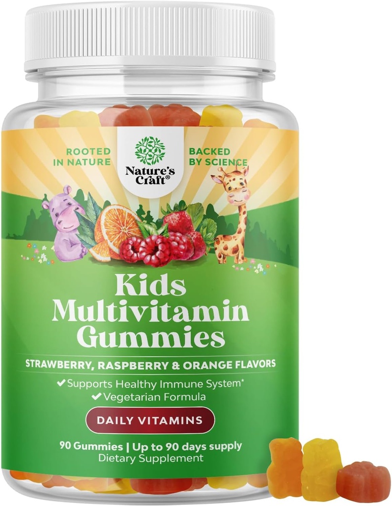 Plantebaserede kids Multivitamin Gummies - Multivitamin til børn immunforsvar med Vitaminer A, C, D3, E, B6 & B12, Zink & Jod - Børns Vitaminer Chewable Formel for Stærk Sundhed - 90 Greve
