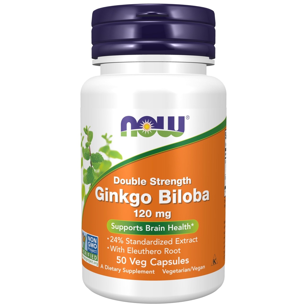 Now Foods Supplements, Ginkgo Biloba 120 mg, Double Strength, Non- GMO Project Verified, 50 Veg Kapsler