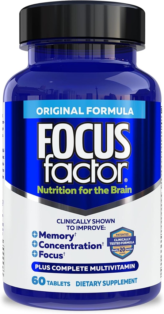 Focus Factor Nutrition for The Brain, Forbedret hukommelse og koncentration hjerne supplement, Komplet Multivitamin med vitaminer B6, B12, D, Bacopa Monnieri & Tyrosine, 60 Greve