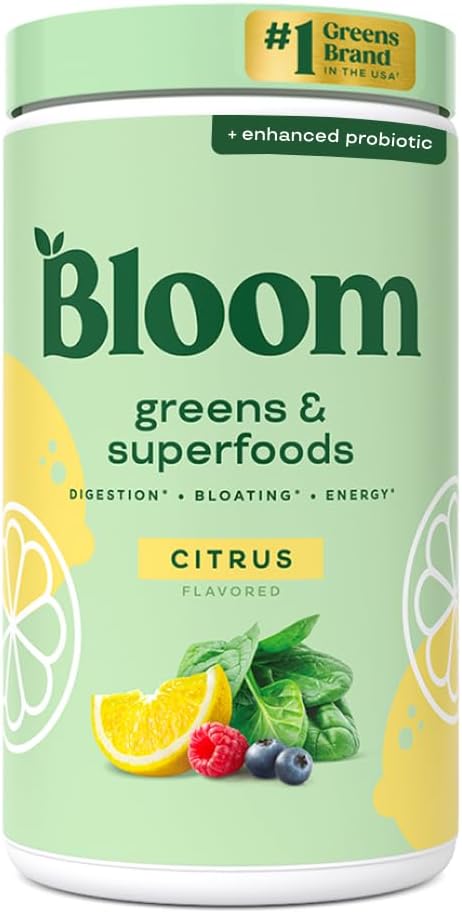 Bloom Nutrition Superfood Green Powder, fordøjelsesenzymer med probiotika og Prebiotika, Gut Health, Bloating Relief for Women, Chlorella, Green Juice Mix med Beet Root Powder, 60 SVG, Citrus