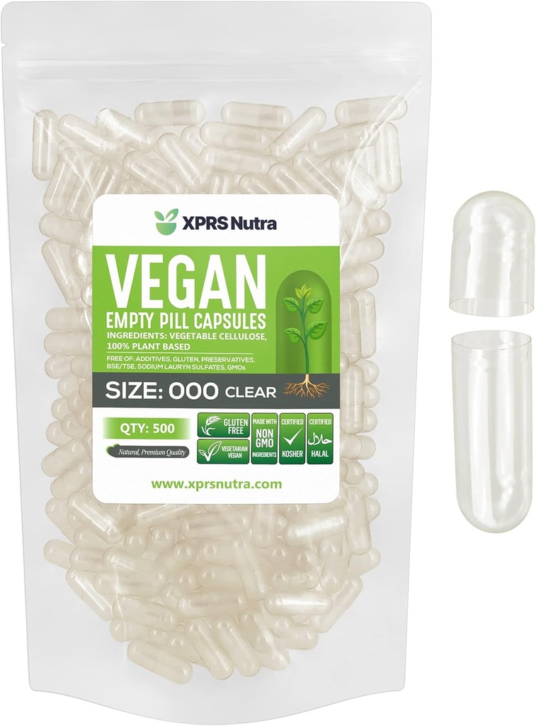 XPRS Nutra Vegan Size 000 Empty Capsules - 500 Count Clear Empty Vegan Vegetarian Empty Pill Capsules - DIY Vegetable Capsule Filling - Veggie Caps Pills