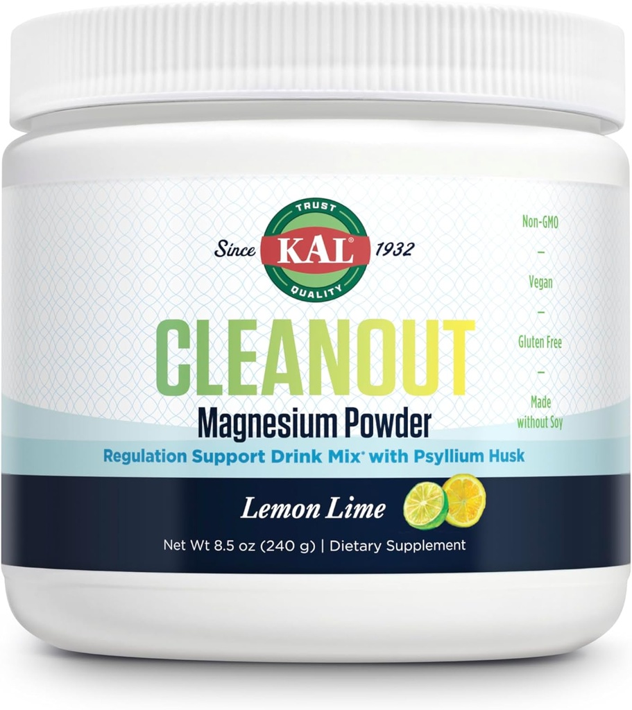 KAL Cleanout Magnesium Plus Psyllium Husk Powder - Lemon Lime - Magnesium Oxide med Fiber Supplement - Regulering Support Drink Mix - No Sugar - 60- Day Garanti, 40 Servering, 8.5 OZ