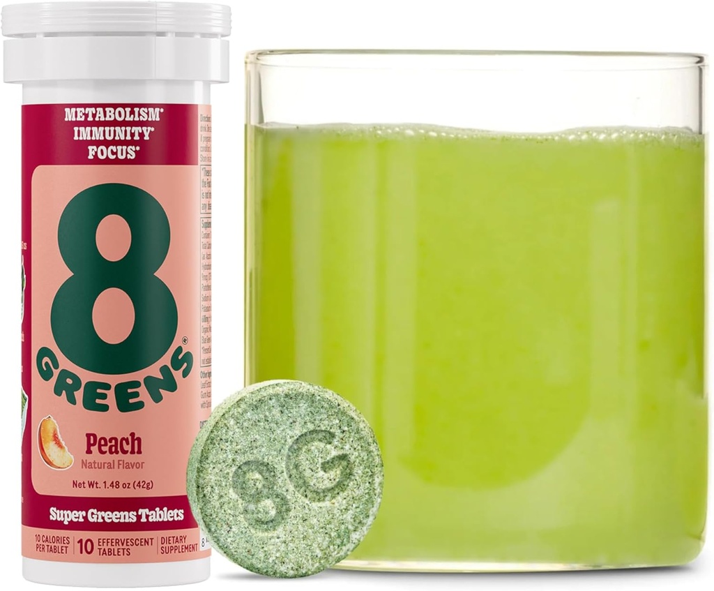 8Greens Supergreens Tablets Б124; Super Green Powder Superfood Tablet, Metabolisme Immunitet & Focus, Daily Green Effervescent Tablets, Organic: Aloe Vera, Spirulina, Chlorella, Peach, 10 Servere