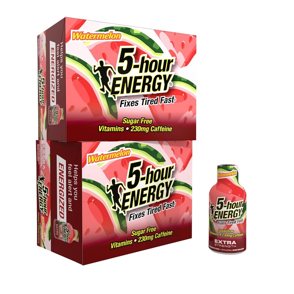 5-timers ENERGY Extra Strength Energy Shot, Watermelon Flavor (1,93 oz. - 24 Greve) Sugar- Free & Zero Calories, B- Vitaminer & Aminosyrer, 230mg Coffeined Energy Shot, Kosttilskud