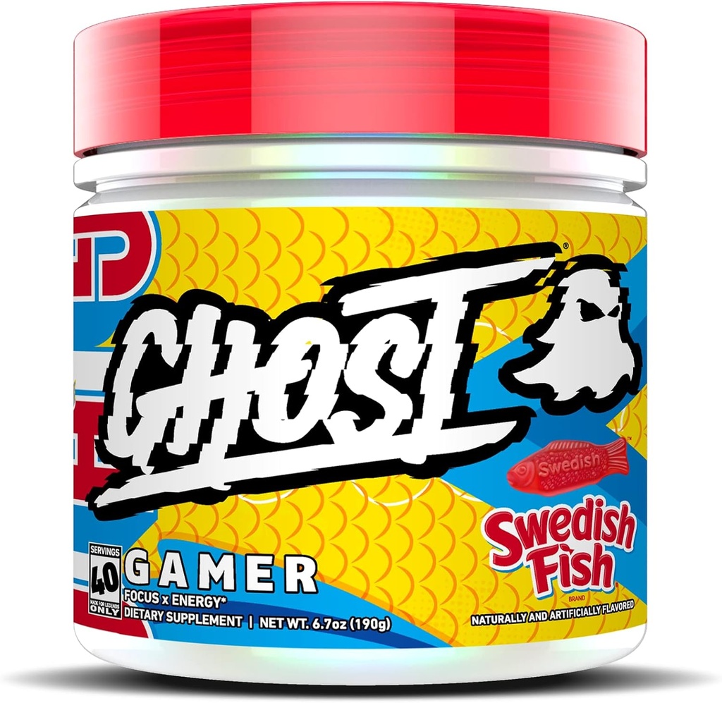 GHOST Gamer: Energi og Focus Support Formel - 40 Servering, Svenske Fisk - Nootropics & Natural Koffein for Opmærksomhed, Nøjagtighed & Reaction Time - Vegan, Gluten- Free