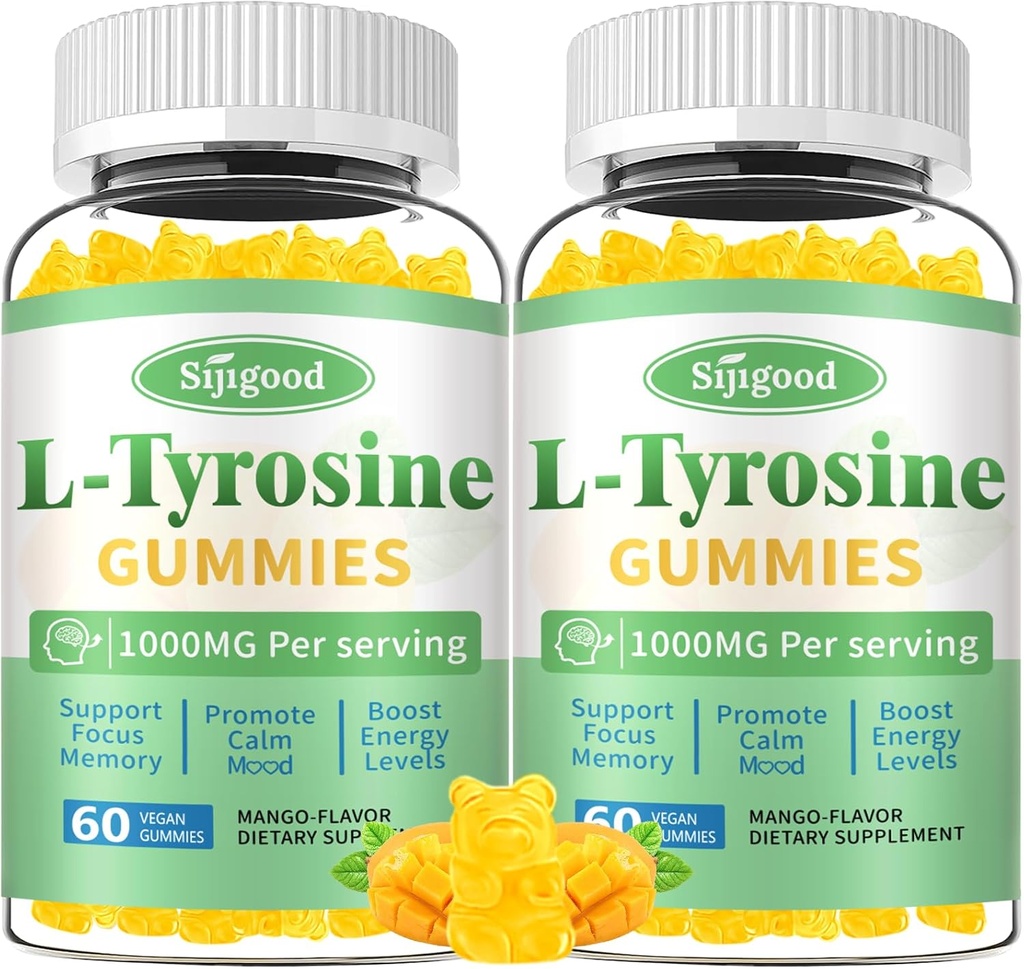 L- Tyrosine Gummies for voksne og børn - 1000mg L- Tyrosine Supplement Focus Gummies for Brain, Mood, Energy Support, Vegan & Gluten- Free, Mango Flavor, 120 Greve