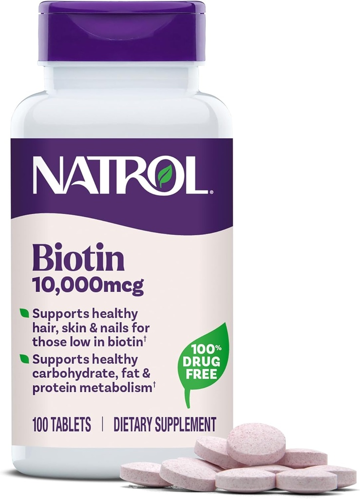 Natrol Beauty Biotin 10,000mcg Vitaminer for skønhed, 100 tabletter, 100 dages forsyning