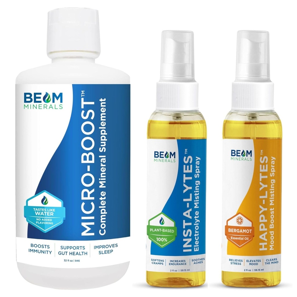 Beam Minerals Micro- Boost Humic Mineral Blend and Insta- Lytes Natural Liquid Electrolytes 2oz og Happy- Lytes Fluvic Electrolyte Misting Spray 2oz