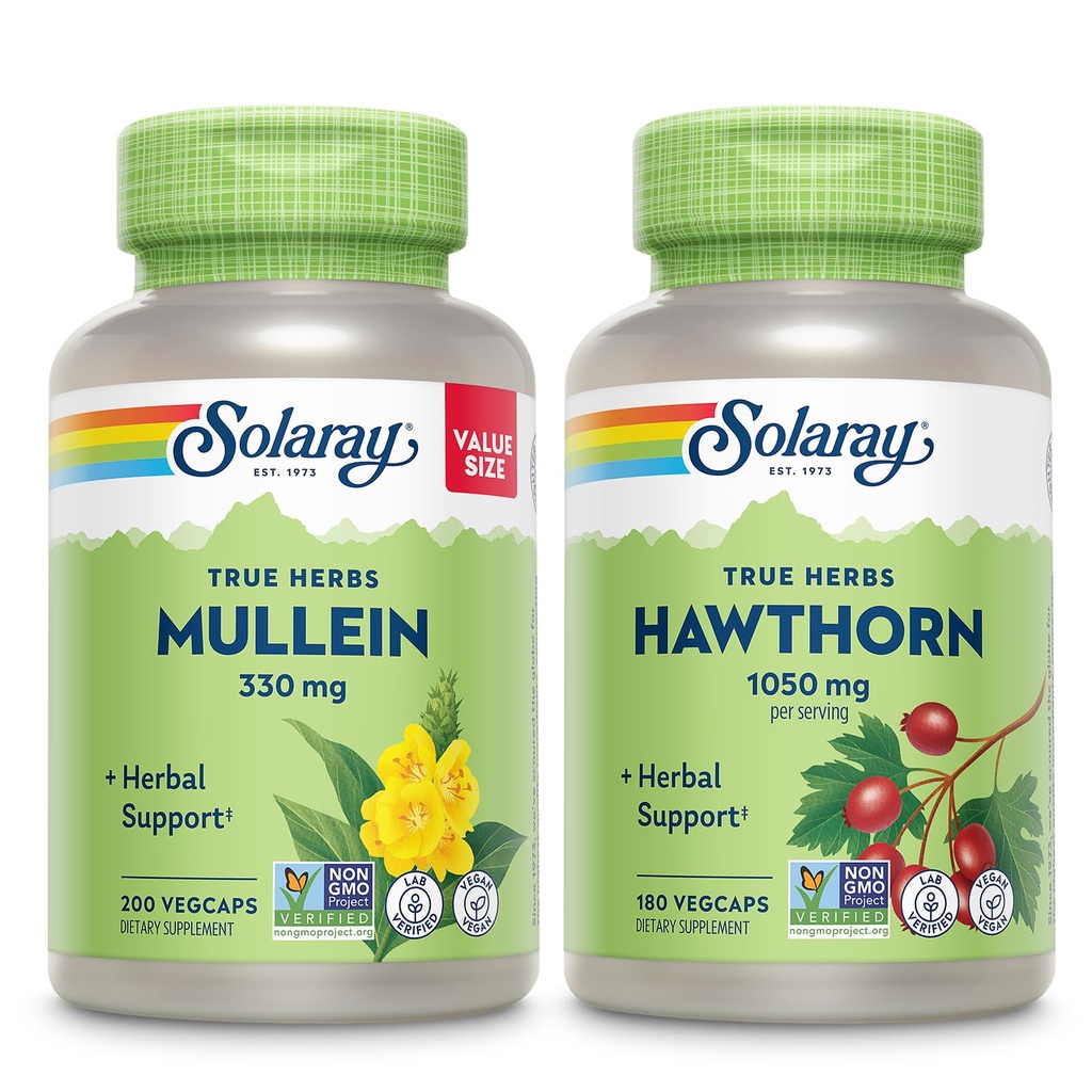 SOLARAY Mullein Leaf 330 mg og Hawthorn Berry Capsules 1050 mg - Lindrende herbal support bundle for total sundhed og wellness - Vegan, non-GMO, 60- dag garanti, Lab Verified, 200 / 180 VegCaps