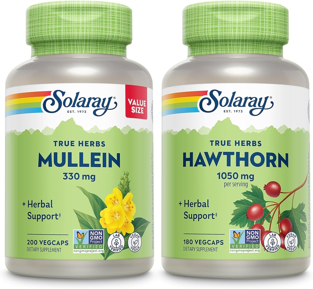 SOLARAY Mullein Leaf 330 mg og Hawthorn Berry Capsules 1050 mg - Lindrende herbal support bundle for total sundhed og wellness - Vegan, non-GMO, 60- dag garanti, Lab Verified, 200 / 180 VegCaps