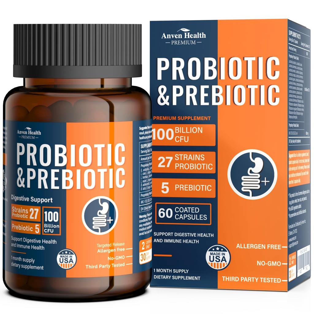 100 Millioner Probiotika til mænd og kvinder 27 Strops 5 Økologisk Prebiotika til Gut fordøjelse og immunforsvar, Understøtter Diarré Gas Bloating, Non- GMO, Zero Fillers - Made in USA