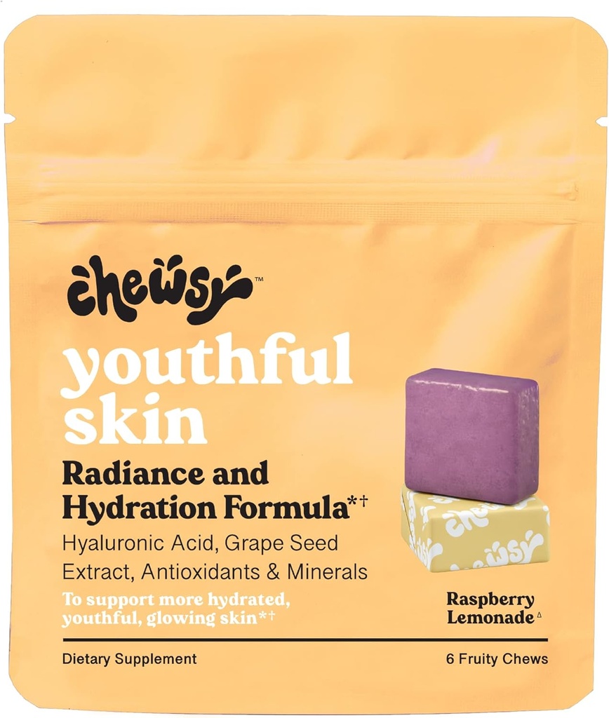 Chewsy Yellow Skin, Fruity Chews Vitamin, Radiance & Hydration Formel, Hyaluronsyre, Grape Seed Extract, Antioxidants & Minerals, Vitamin Hindbær Lemonade Flavor 6-Day Supply