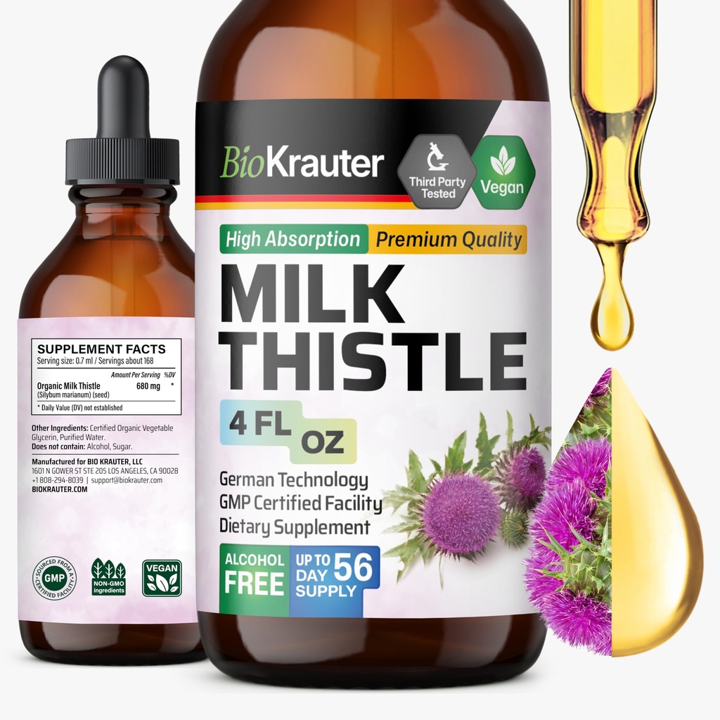 BIO KRAUTER Milk Thistle Extract Liquid - Silymarin Milk Thistle Supplement - Vegan, Alkohol & Sukker Free Lever Cleanse Detox Drops - 4 fl oz