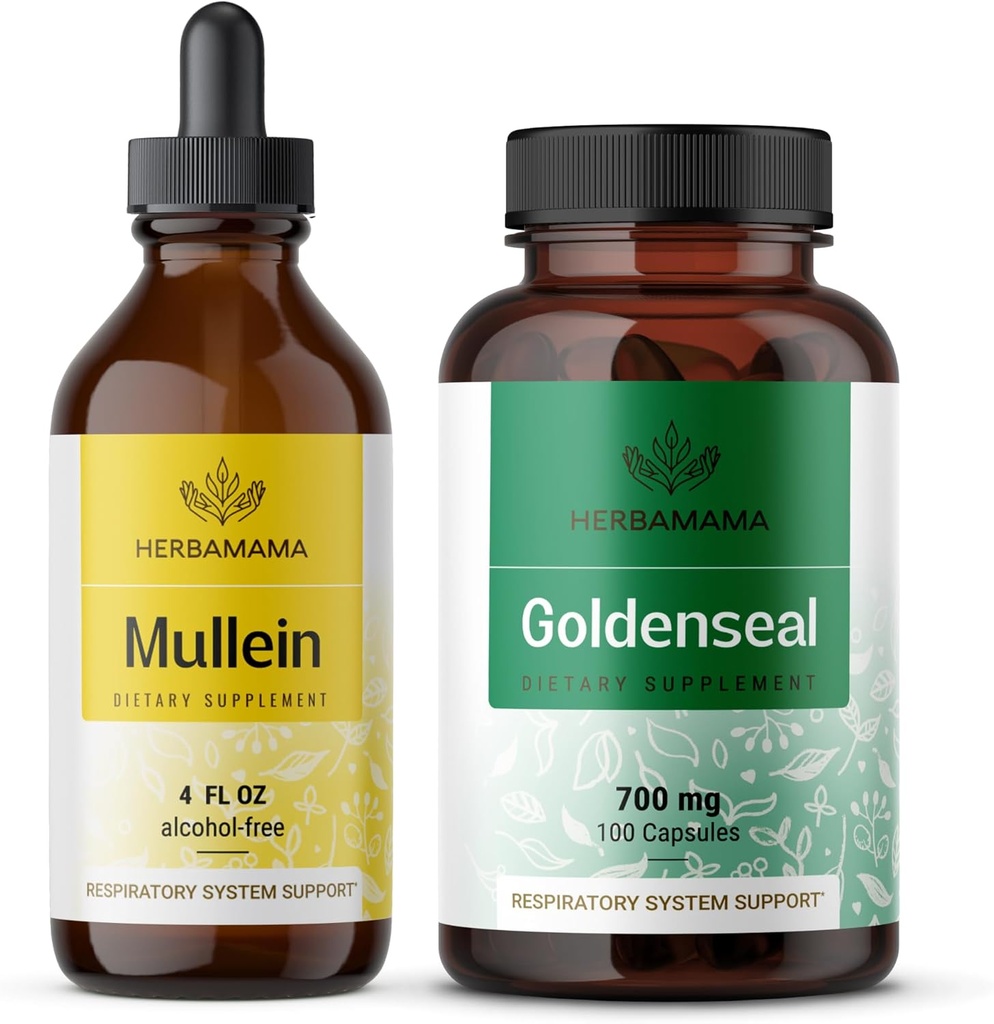 HERBAMAMA Mullein Leaf Extract and Goldenseal Capsules Kit - Bundle of Mullein Leaf Tincture 4 fl oz og 700 mg Goldenseal Root Capsules - Vegan, Non- GMO, Sugar & Alcohol- Free - 2 Pack
