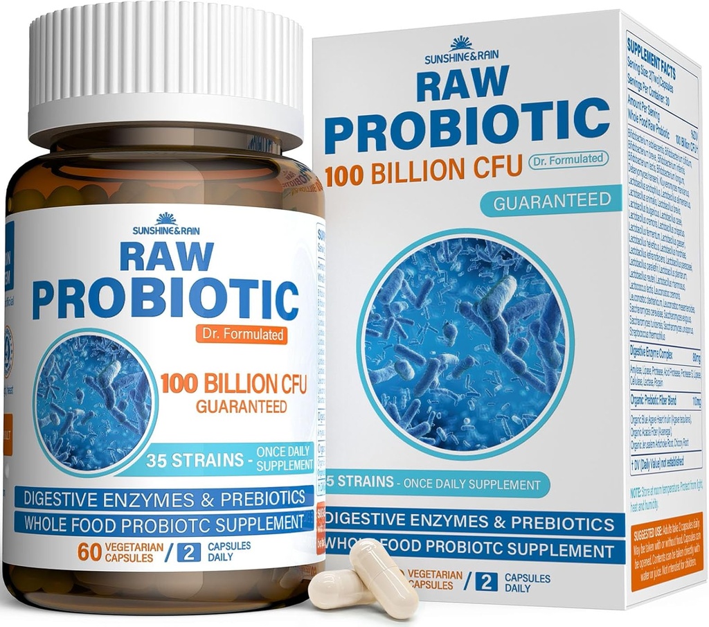 Raw Probiotika til kvinder & mænd - 100 milliarder CFU, 35 Spor, Organic Prebiotics & Natural fordøjelsesenzymer til fordøjelse, Gut & immunforsvar - Dairy, Soy og Gluten Free, Non-GMO, 60 Veganske kapsler