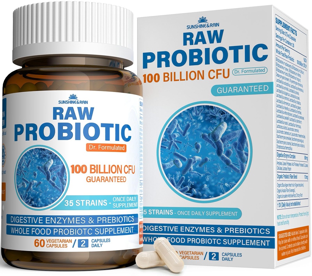 Raw Probiotika til kvinder & mænd - 100 milliarder CFU, 35 Spor, Organic Prebiotics & Natural fordøjelsesenzymer til fordøjelse, Gut & immunforsvar - Dairy, Soy og Gluten Free, Non-GMO, 60 Veganske kapsler