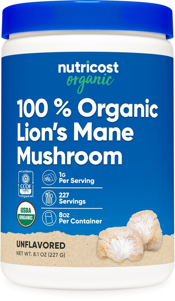 Nutricost Organic Lions Mane Mushroom Powder (8 oz) - 227 Servere, Certificeret USDA Organic Supplement