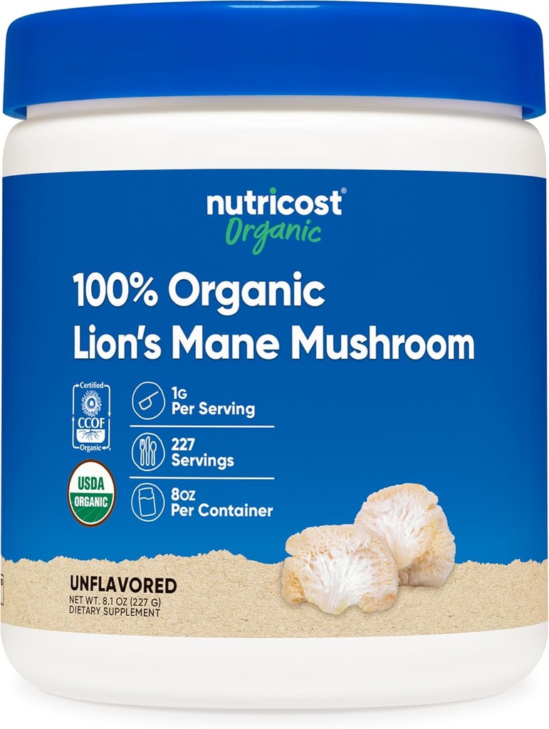 Nutricost Organic Lions Mane Mushroom Powder (8 oz) - 227 Servere, Certificeret USDA Organic Supplement