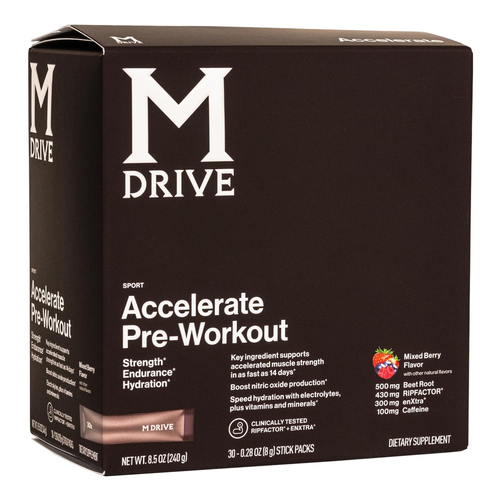 Mdrive Accelerate Pre- Workout Powder, Single Serving Packets, Mixed Berry, 30 Count (Stimulant, Mixed Berry)