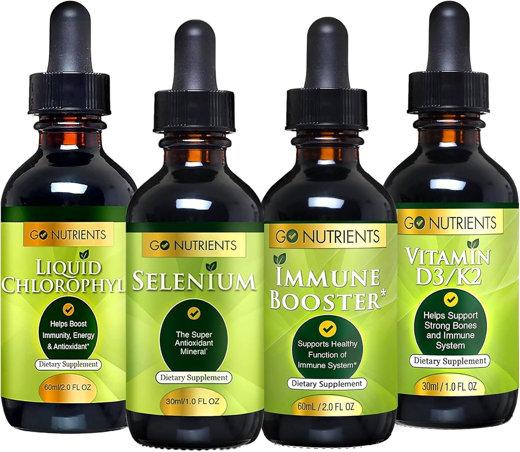 Go Nutrients Cold & immun Bundle - Selen, D3-vitamin / K2, immunbooster, flydende chlorophyll - Kraftfuld støtte til immunsystem, Styrker Body Defense, Core og Vitality, Forstærkning Luftveje