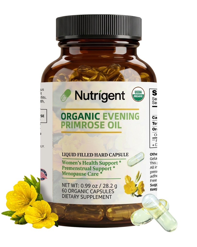 Organic Evening Primrose Oil Supplement, 940 mg 100% Pure med 10% GLA, Høj Absorption Flydende Organiske Kapsler, fremmer kvinders sundhed & hudsundhed, kold presset, 60 Greve