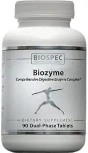 BIOZYME: Komplet høj potens fordøjelseskomplek- Dual Fase tabletter frigive Betaine HCl, Pepsin, Bromelain og Papain i maven, og Pancreatin, Trypsin, Chymotrypsin og Ox Bile i duodenal regionen for maksimal effektivitet. 90 tabletter med dobbelt fase
