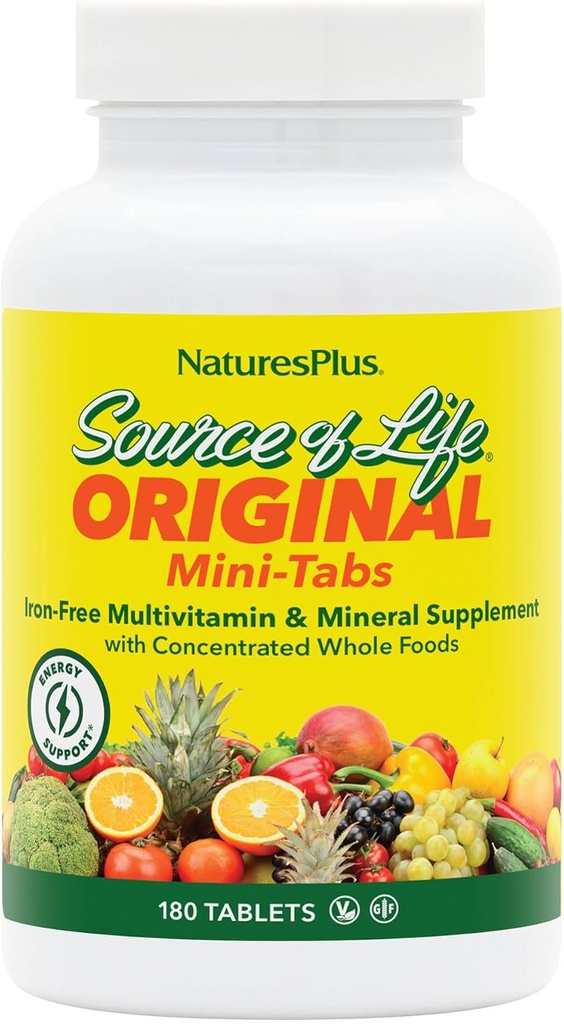 Natures Plus Source of Life Mini-Tabs No Iron - 180 Vegetarian Mini Tablets - Easy to Swallow Natural Whole Food Multivitamin & Mineral Supplement for Health & Energy - 30 Servings
