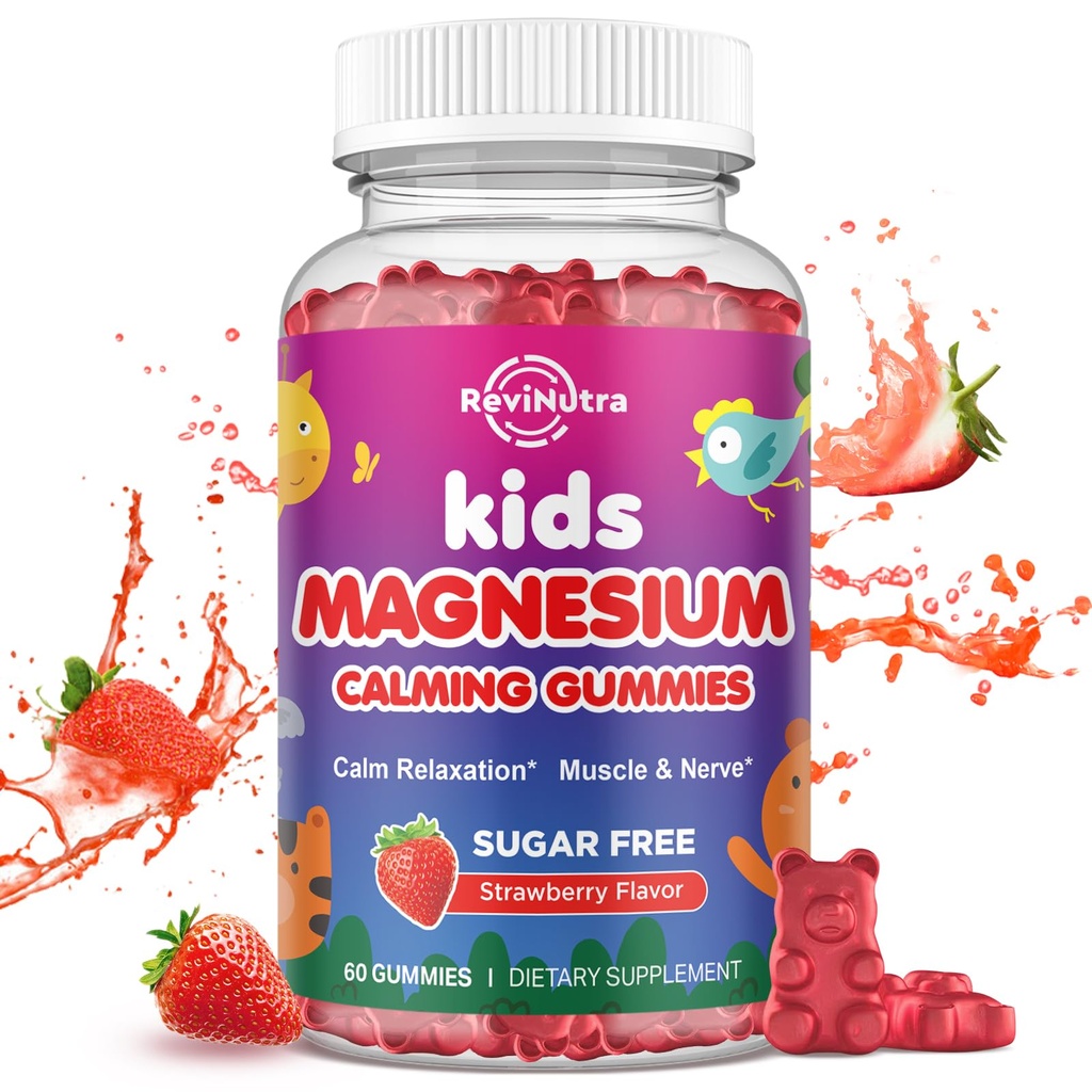 Magnesium Gummies for Kids - Magnesium Glycinate Gummies med L-Theanin, Kamille, B6-vitamin, D for børn og voksne søvn, stress, muskellindring & nerve ben - Sukker fri jordbær 60ct