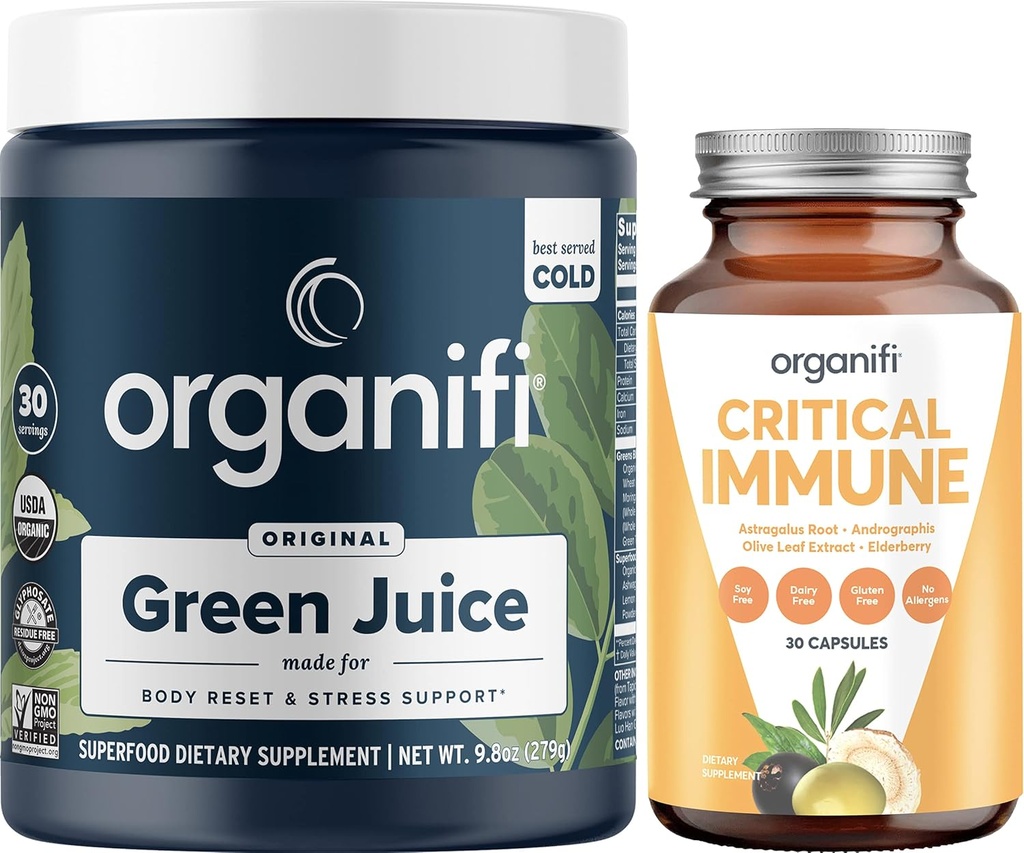 Organifi Green Juice Superfood Powder (30 Servere) og kritisk immunforsvar (30 kapsler) - C-vitamin, Vægt Kontrol, Detox Rense, Stress Relief og Immunity Support - Gluten Free, Vegan, Hele fødevarer