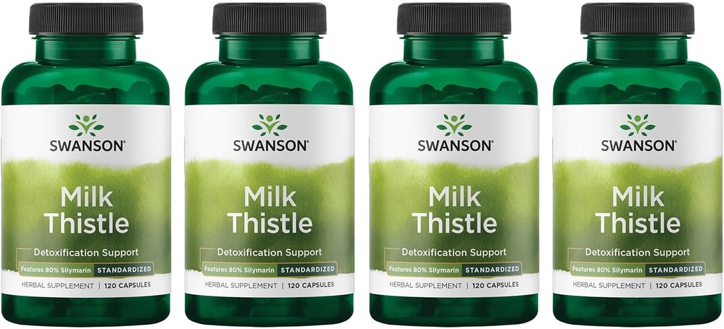 Swanson Milk Thistle (Standardized) - Urte Lever Support w / 80% Silymarin - Naturlig Formel Hjælper til at opretholde total sundhed & velvære - (120 kapsler) (4 Pack)
