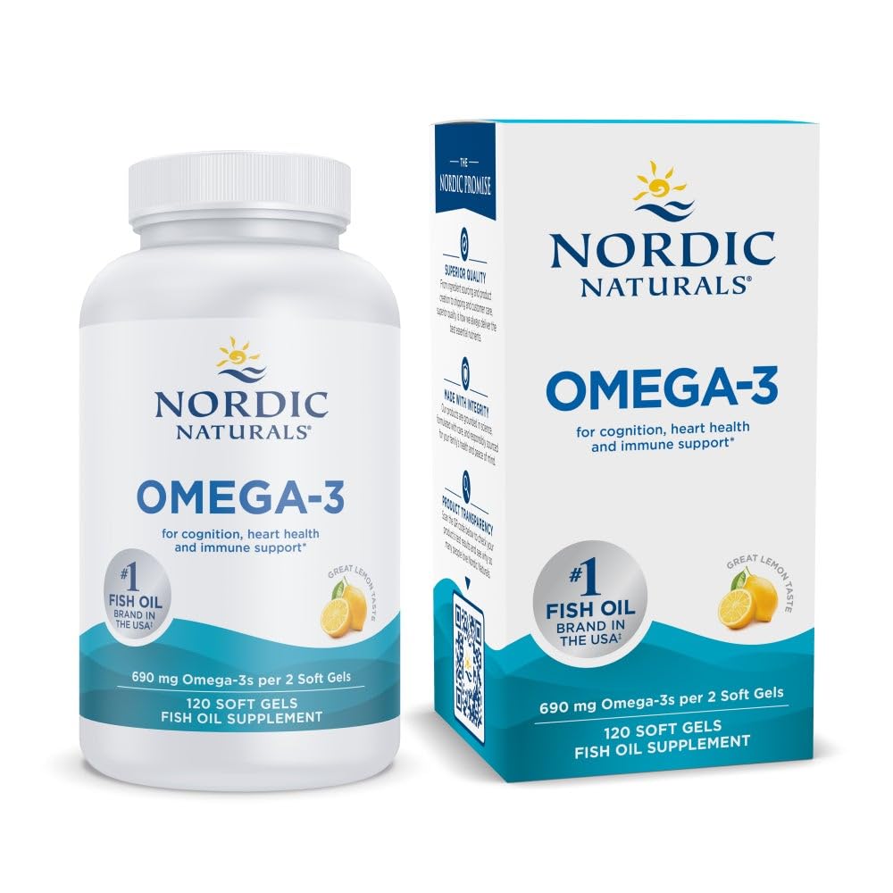 Nordiske Naturals Omega-3, Lemon Flavor - 120 Soft Gels - 690 mg Omega-3 - Fish Oil - EPA & DHA - immunforsvar, hjerne og hjerte sundhed, optimal wellness - non-GMO - 60 Servere