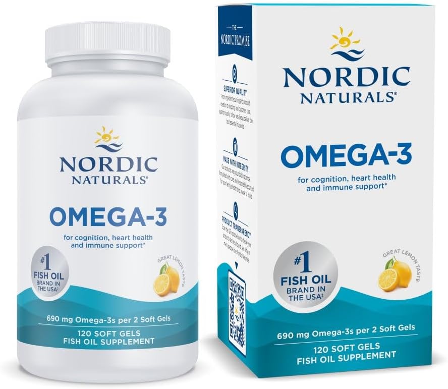 Nordiske Naturals Omega-3, Lemon Flavor - 120 Soft Gels - 690 mg Omega-3 - Fish Oil - EPA & DHA - immunforsvar, hjerne og hjerte sundhed, optimal wellness - non-GMO - 60 Servere