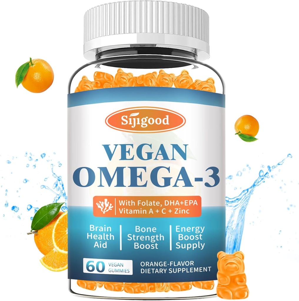 Omega-3 Gummies Potent Alger Omega Kilde, Boost Brain, Eye & immunfunktion, med DHA og EPA Vegan & Sugar Free, Orange Flavor, 60 Greve