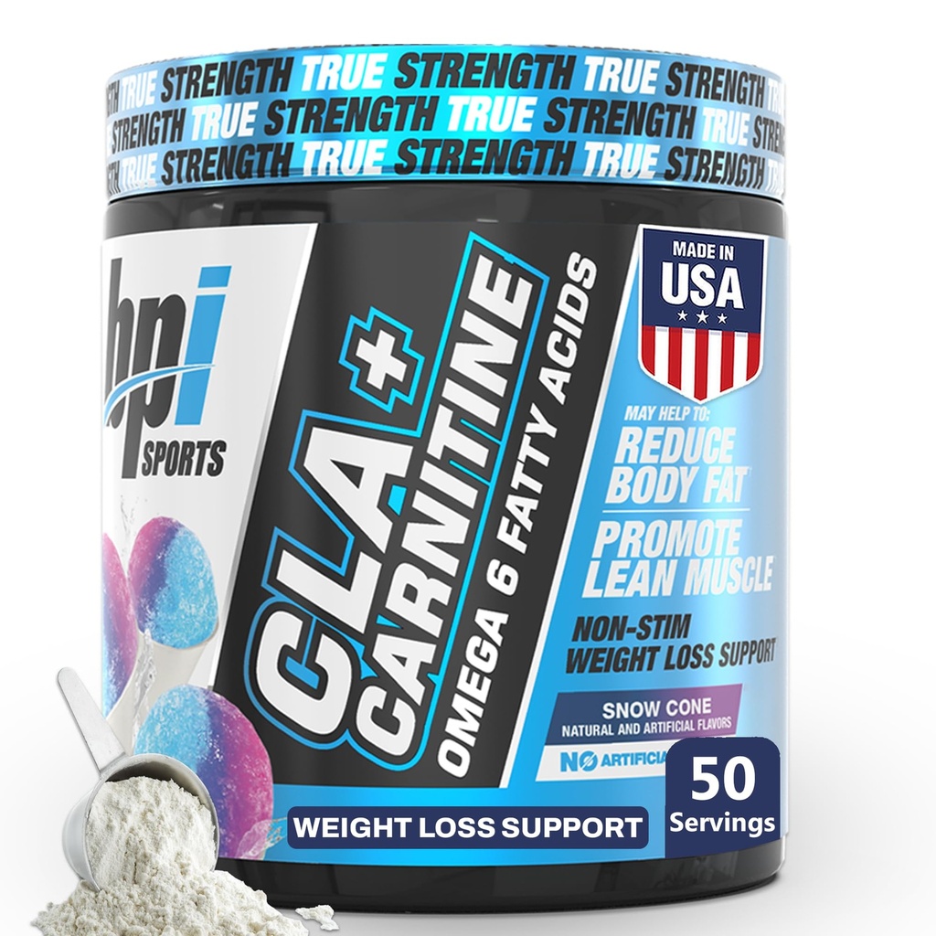 BPI Sports CLA + Carnitin - CLA L Carnitin & Linolsyre - L Carnitin supplement til vægttab, Metabolisme & Lean Muscle - Koffein fri - Sne Cone - 50 Servering - 12.34 oz