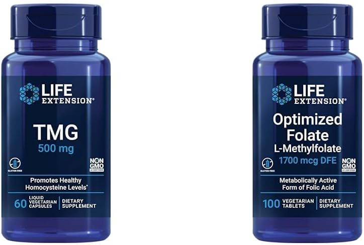 Forlængelse af levetiden TMG 500 mg - Trimethylglycin Supplement - Opmuntrer sunde homocysteinniveauer - Glutenfri - Non- GMO - Vegetar - 60 Flydende vegetariske kapsler & optimeret folat