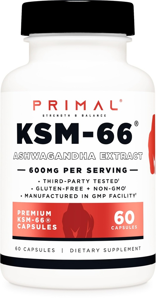 Primal KSM- 66 Ashwagandha Complex (60 kapsler / 60 Servering, 600 mg per servering) - KSM- 66 Ashwagandha med sort peber ekstrakt, Gluten Free, Non- GMO