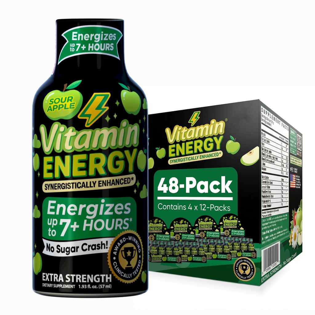 Vitamin Energy Workout + ekstra styrke energi Shot Sour Apple 48 Pack, 260mg Natural Koffein, Pre- Workout, B- Vitamin, Mineraler, Endurance & Performance, Zero Sugar, Gluten- Free, Vegan, 1,93 fl oz