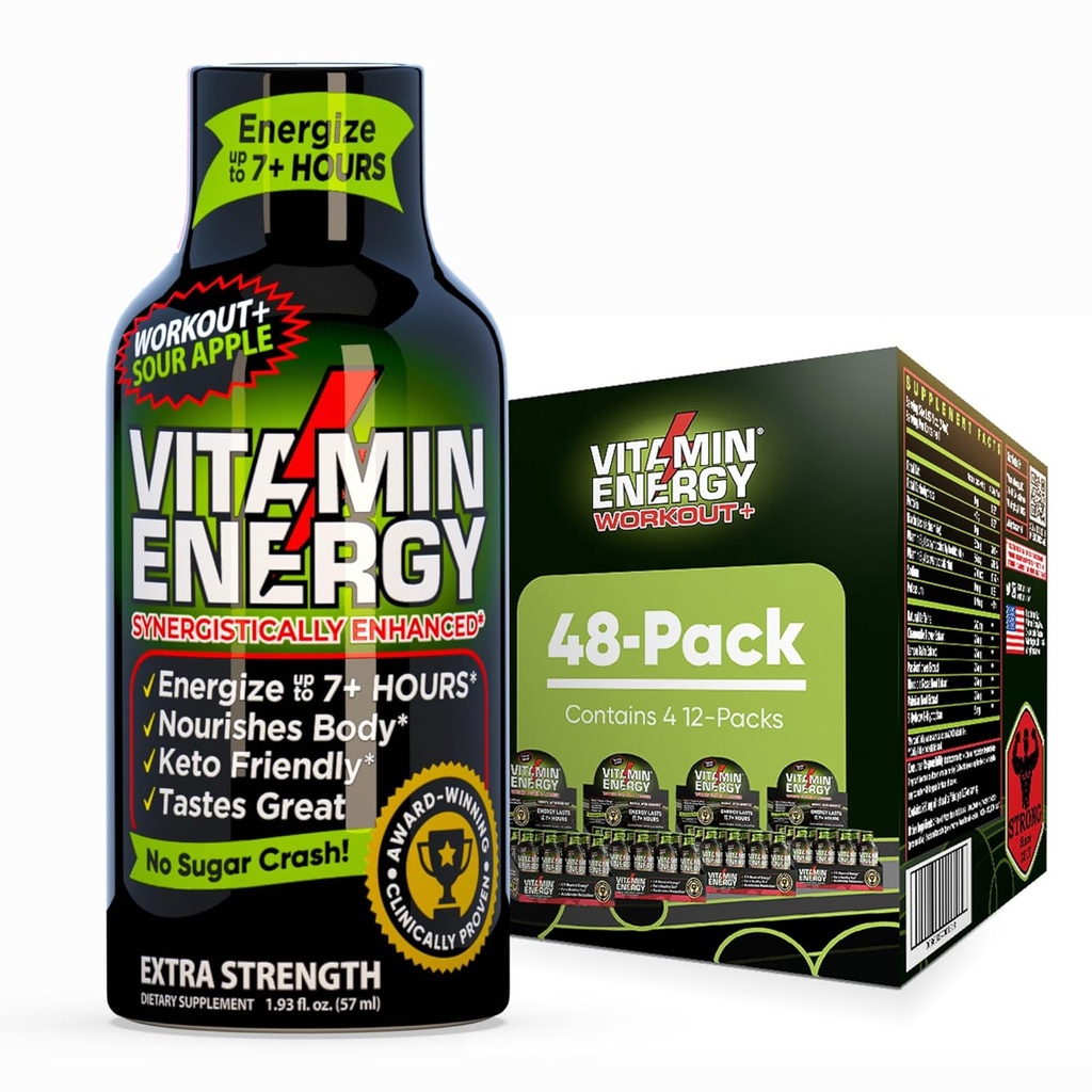 Vitamin Energy Workout + ekstra styrke energi Shot Sour Apple 48 Pack, 260mg Natural Koffein, Pre- Workout, B- Vitamin, Mineraler, Endurance & Performance, Zero Sugar, Gluten- Free, Vegan, 1,93 fl oz