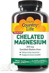 Country Life, Chelated Magnesium 250 mg, Supports Bone and immun Health, Daily Supplement, 240 ng