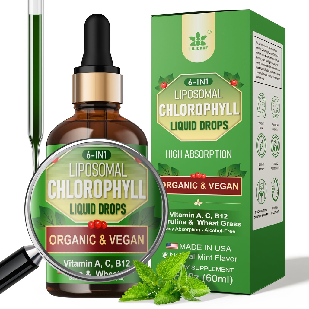Organic Chlorophyll Flydende dråber Liposomal for kvinder & mænd, 6-in-1 Grønne Superfood Vegan Chlorophyll w / Spirulina, Hvede Græs, C-vitamin B12 A for intern deodorant *, Energi, fordøjelsesfremmende, 1Pakker / 2 Fl Oz