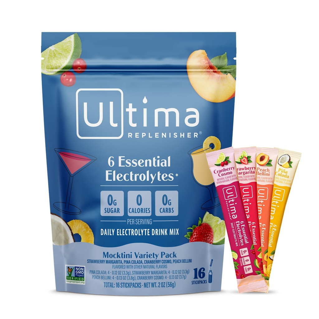 Ultima Replenisher Daily Electrolyte Powder Drink Mix - Sugar Free - Mocktini Variety, 16 Stickpacks - Hydrationspakker med 6 Key Electrolytes og Trace Minerals - Keto Friendly, Non- GMO