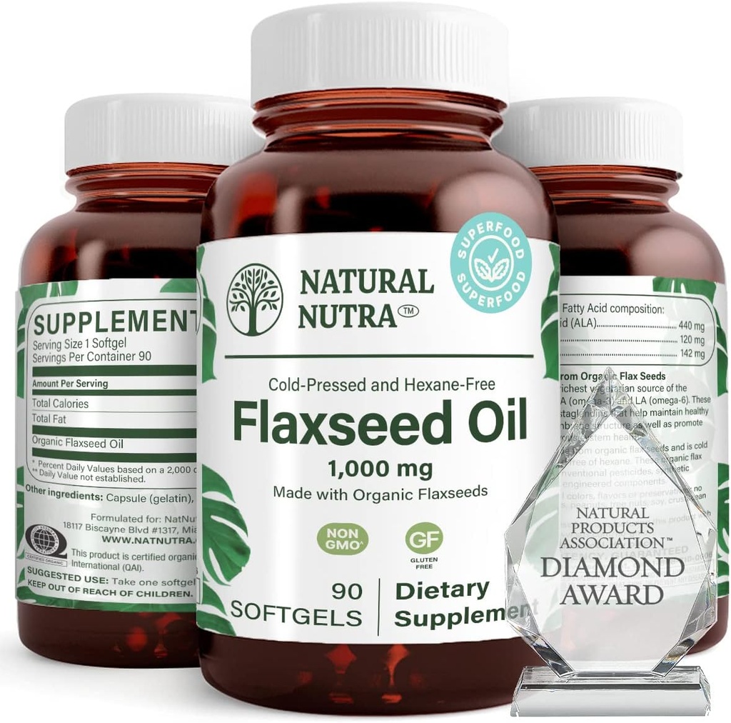 Naturlige Nutra Organic Flaxseed Oil Softels, fremmer Hairs vækst, Hjælp i vægttab, Hjælper Boost immunsystem, fremmer sund nervesystem & hårvækst, Omega 3 6 9, 1000 mg, 90 Softgels
