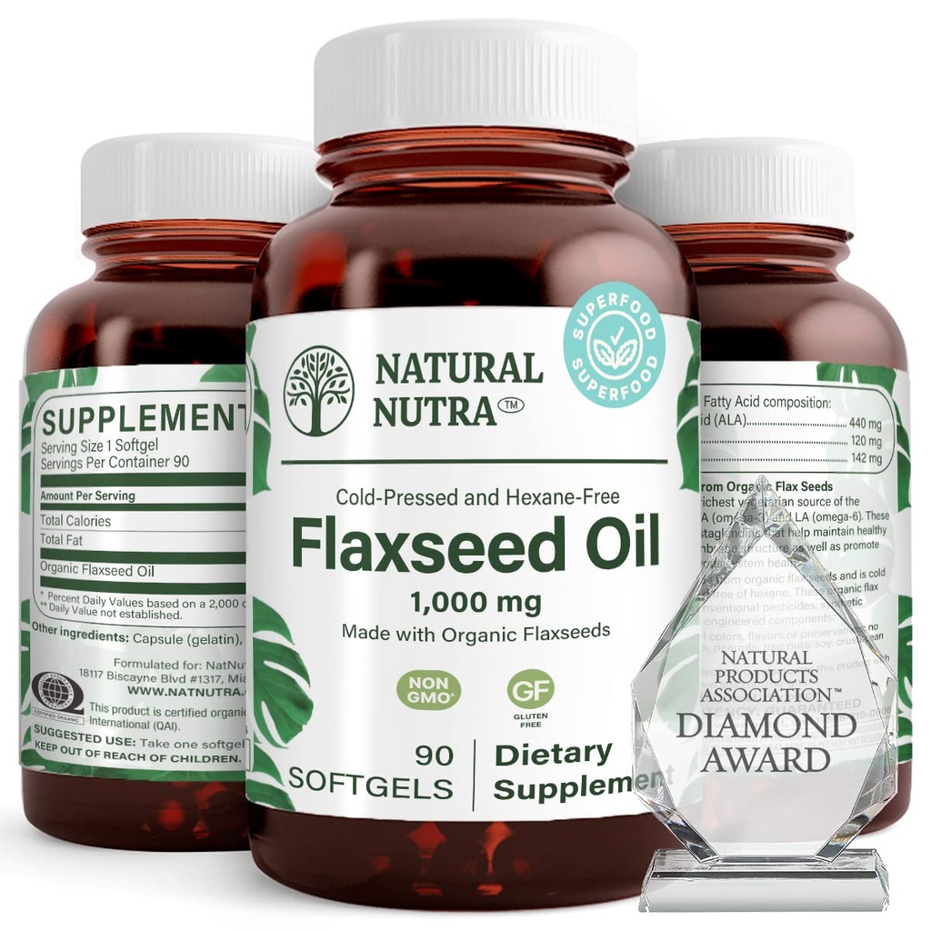 Naturlige Nutra Organic Flaxseed Oil Softels, fremmer Hairs vækst, Hjælp i vægttab, Hjælper Boost immunsystem, fremmer sund nervesystem & hårvækst, Omega 3 6 9, 1000 mg, 90 Softgels