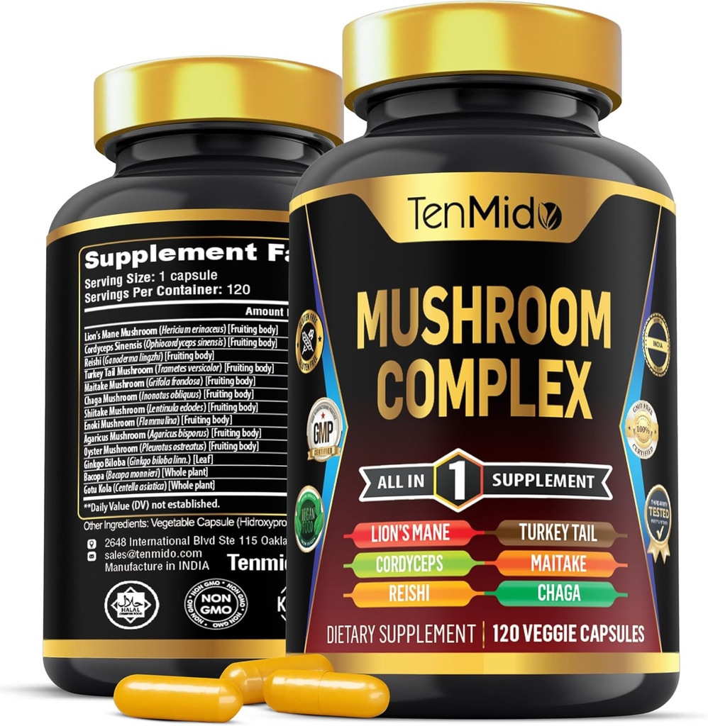 Mushroom Complex Supplement - 13in1 Formel - Blend Lions Mane Mushroom, Cordyceps Sinensis, Reishi, Tyrkiet Tail, Maitake, Chaga, Shiitake, Enoki, & mere - 120 kapsler til 4 Måneders forsyning