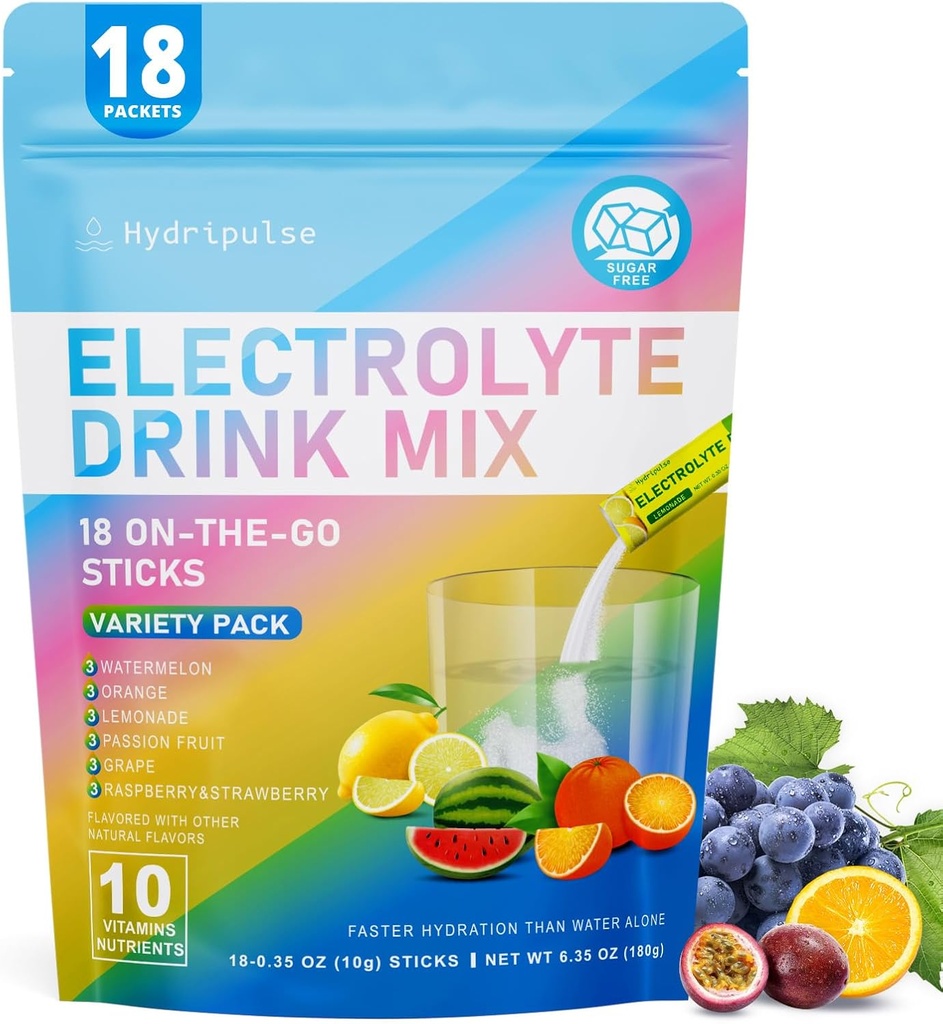 Elektrolyter Powder Packets - Sukker Free, naturligt aromatiseret, 10 Electrolyte & Vitaminer Electrolyte Drink Mix - Variety Pack 6 Flavors, Keto Friendly, Vegan, Non- GMO, 18 Packets