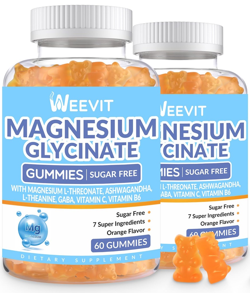 Sugar- Free Magnesium Glycinate Gummies med L- Threonate, Magnesium Kosttilskud til kvinder og mænd med Ashwagandha, L- Theanine, GABA, C-vitamin, B6