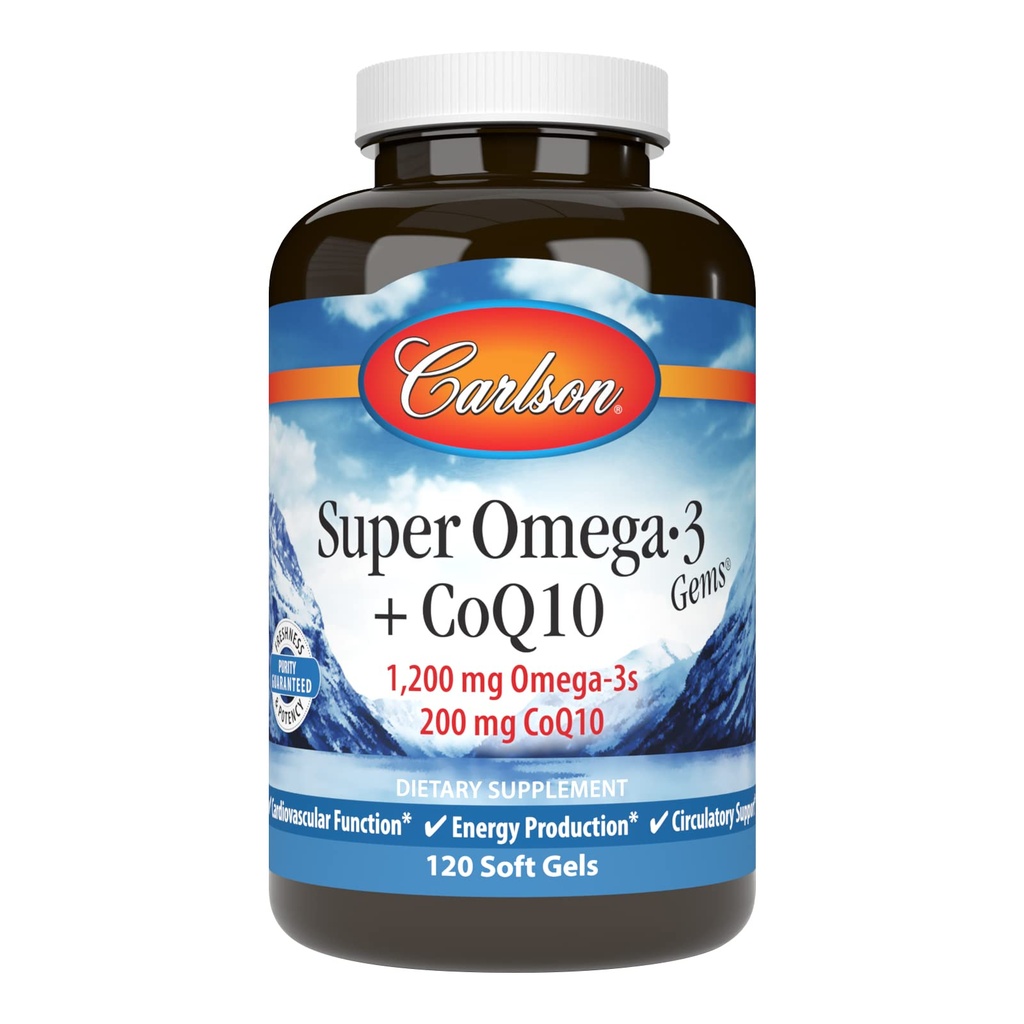 Carlson - Super Omega-3 Gems + CoQ10, 1200 mg Omega- 3s 200 mg CoQ10, cirkulationsfunktion, Energy Production & Circulatory Support, 120 Softgels